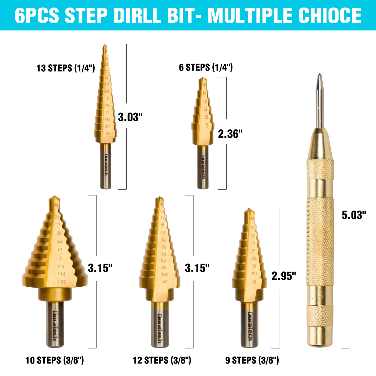 DuraTech 6PC step drill bit and automatic center punch set with tough case small