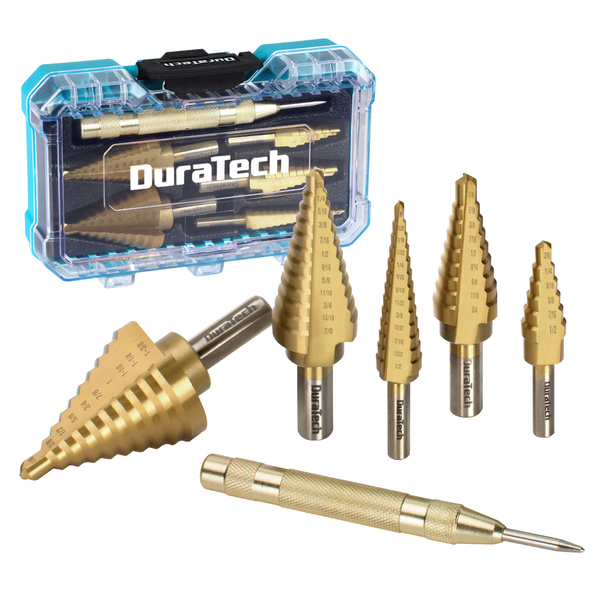 DuraTech 6PC step drill bit and automatic center punch set with tough case small
