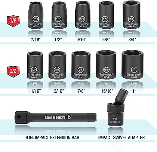 DURATECH 12-Piece 1/2" Drive SAE Impact Sockets Set DTIMSS12S