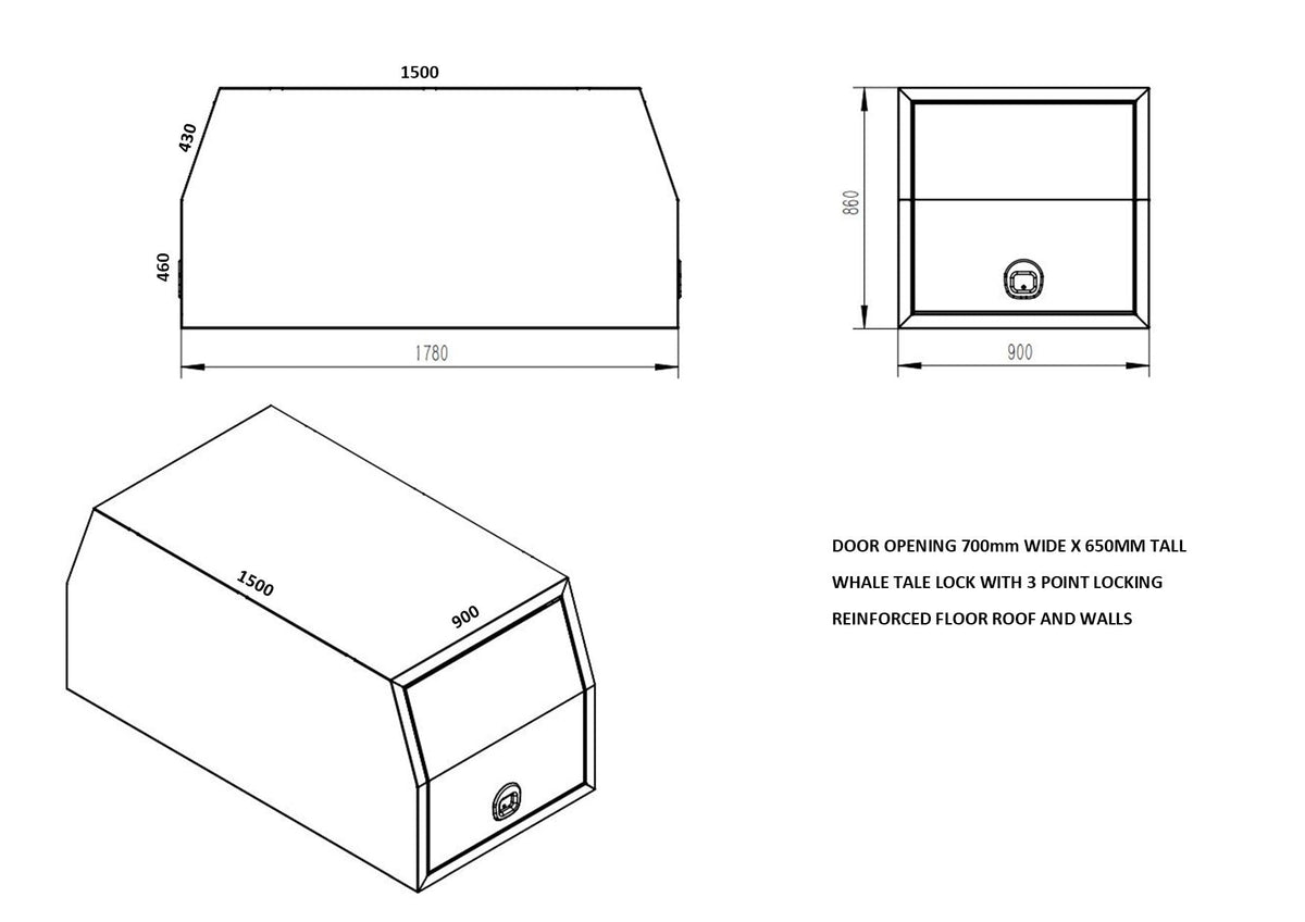 STAFFORD INDUSTRIAL UTE CANOPY 900MM X 1780MM X 860MM ALU FLAT 2 DOORS 3MM