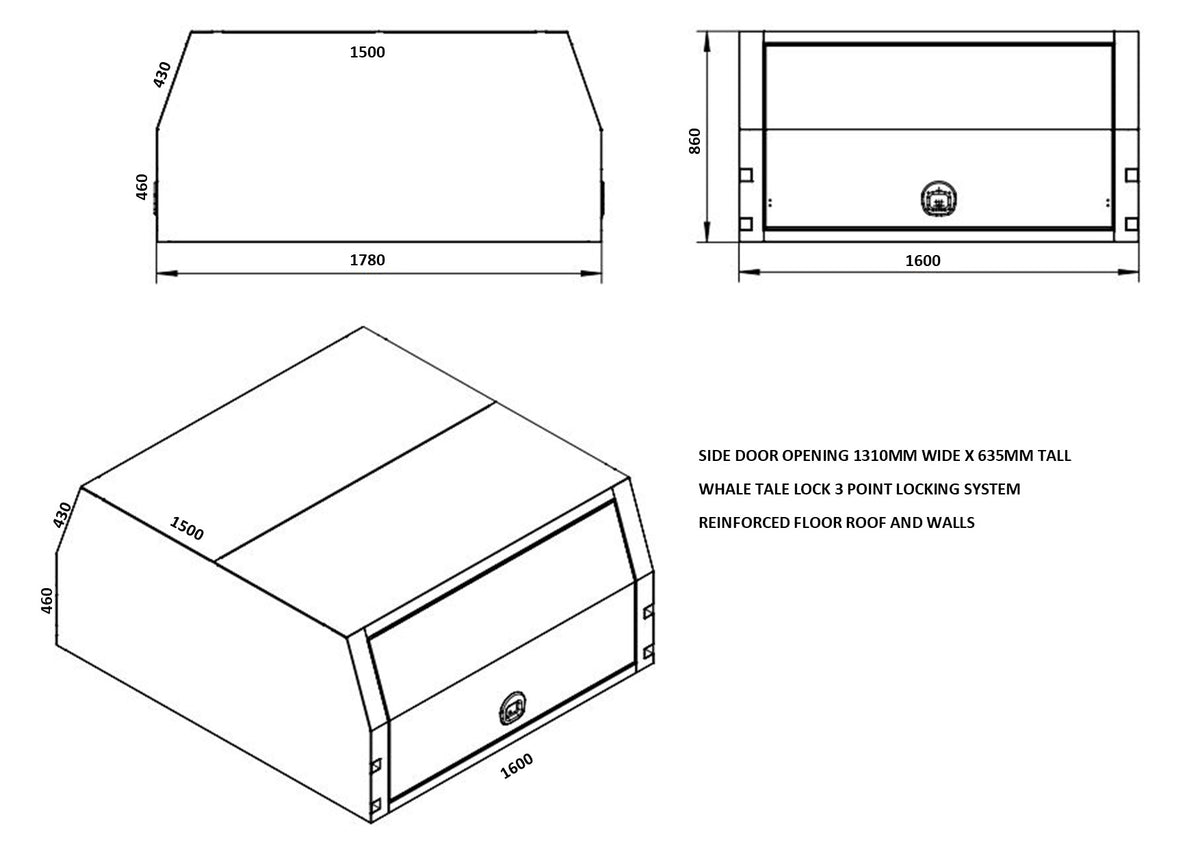 STAFFORD INDUSTRIAL UTE CANOPY 1600MM X 1780MM X 860MM ALU FLAT 2 DOOR