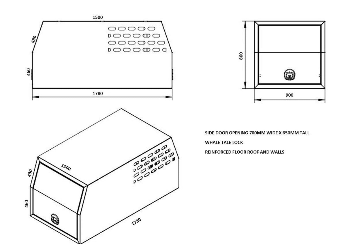 STAFFORD INDUSTRIAL DOGBOX 900MM X 1780MM X 860MM CHECKER PLATE CANOPY