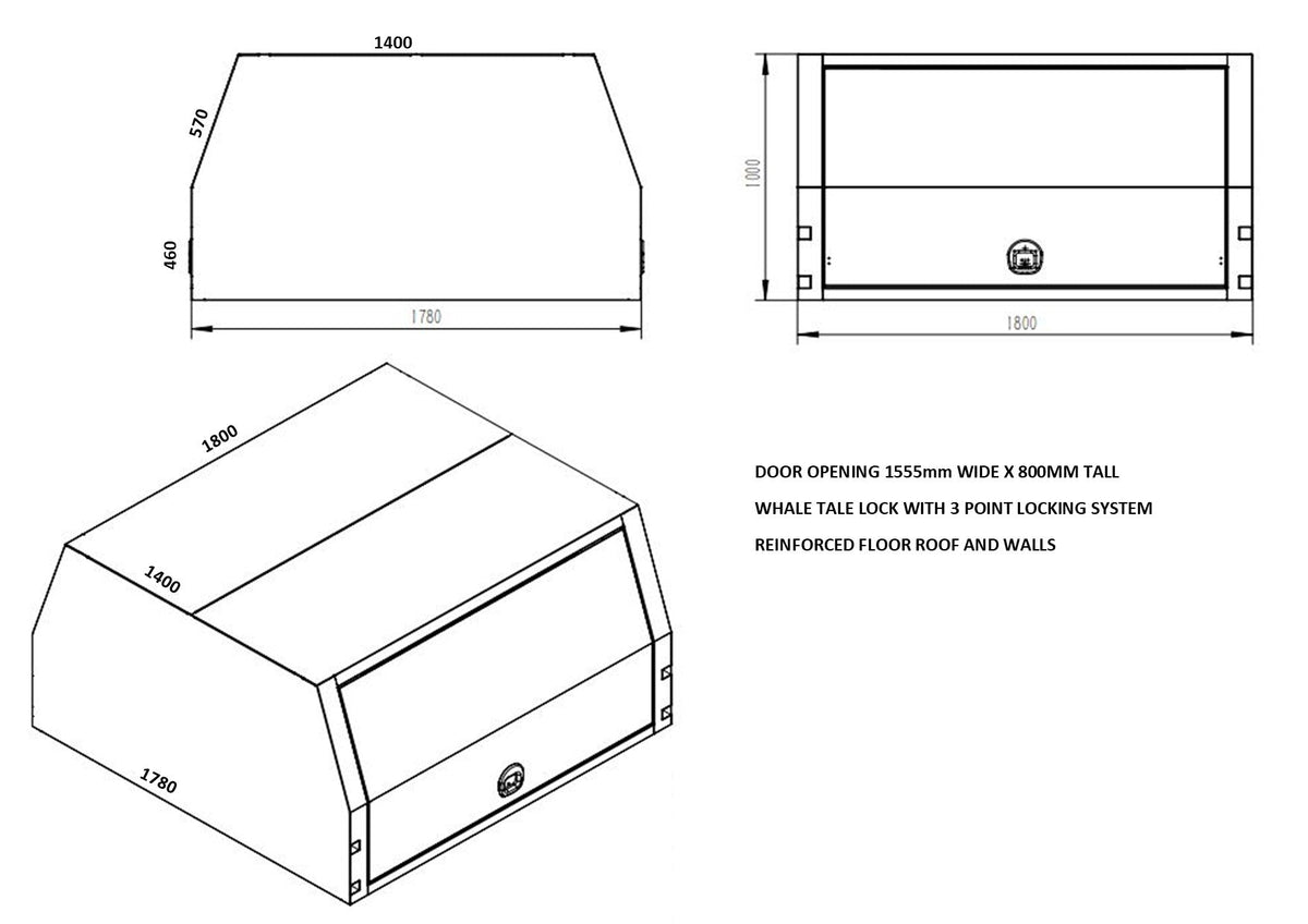 STAFFORD INDUSTRIAL UTE CANOPY 1800MM X 1780MM X 1000MM FLAT CHECKER PLATE 2 DOOR