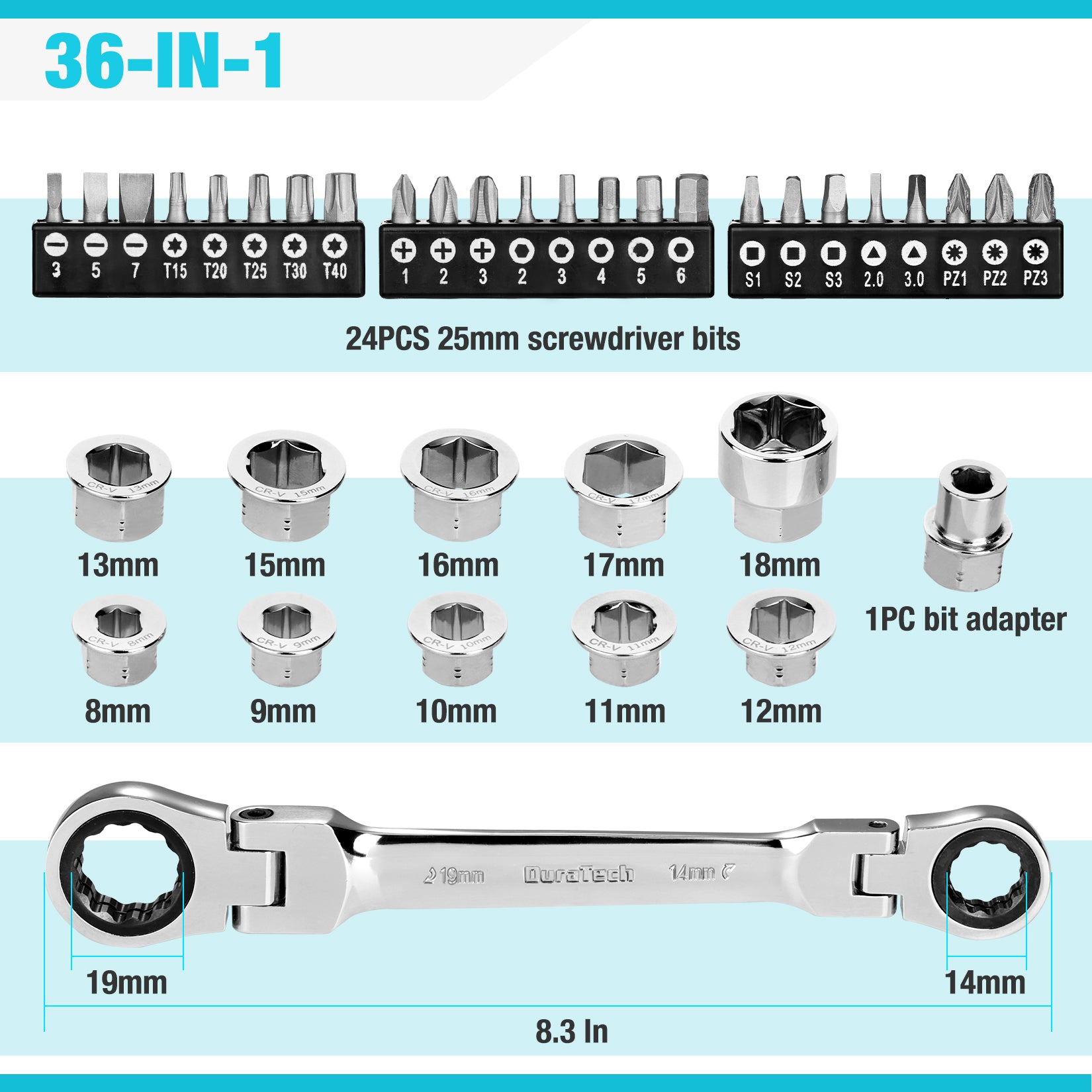 DURATECH 36PC FLEX HEAD RATCHETING DOUBLE BOX END