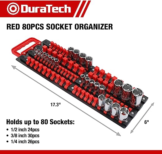DURATECH 80-pieces Portable socket organizer tray red