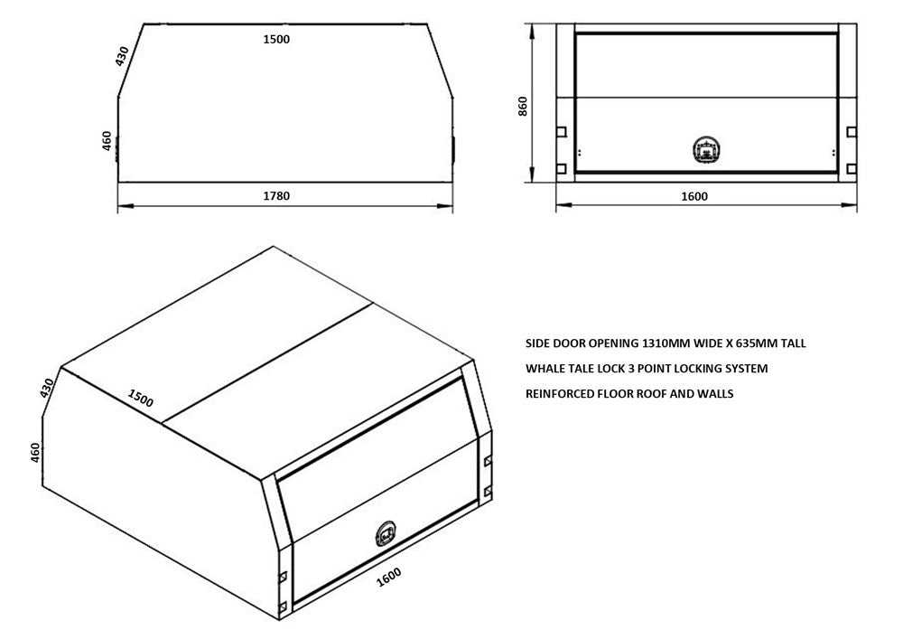 STAFFORD INDUSTRIAL UTE CANOPY 1600MM X 1780MM X 860MM ALU BLACK 2 DOOR 3MM
