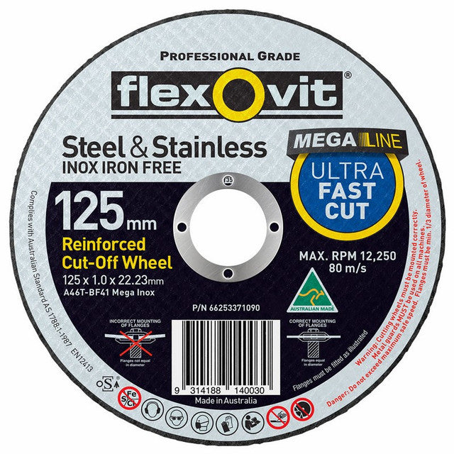 FLEXOVIT 125 X 1.0 X 22.2MM STEEL & STAINLESS STEEL MEGA LINE CUT-OFF TUB