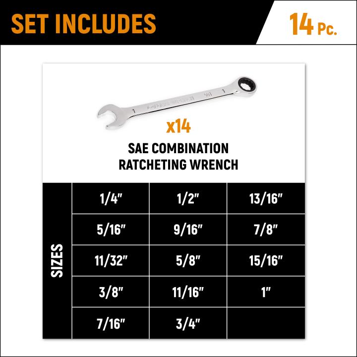 14 PC. 90-TOOTH 12 POINT SAE COMBINATION RATCHETING WRENCH SET