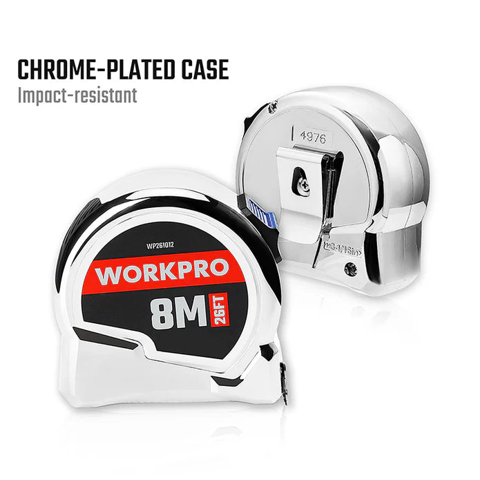 WORKPRO 8M (26FT) X 25MM CHROME TAPE MEASURE