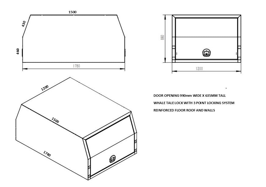 STAFFORD INDUSTRIAL UTE CANOPY 1200MM X 1780MM X 860MM ALU CHECKER PLATE 2 DOOR 2.5MM
