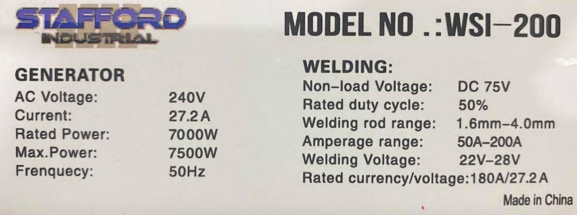 STAFFORD WELDER 200AMP WELDER GENERATOR (BONUS ADF300S HELMET AND HDLEADS6X4)