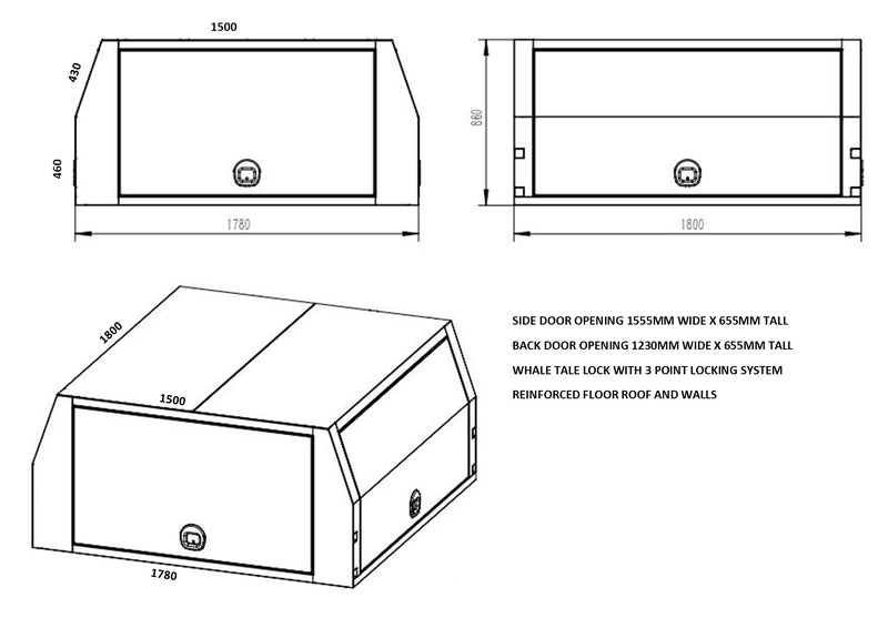 STAFFORD INDUSTRIAL UTE CANOPY 1800MM X 1780MM X 860MM ALU CHECKER PLATE 3 DOOR